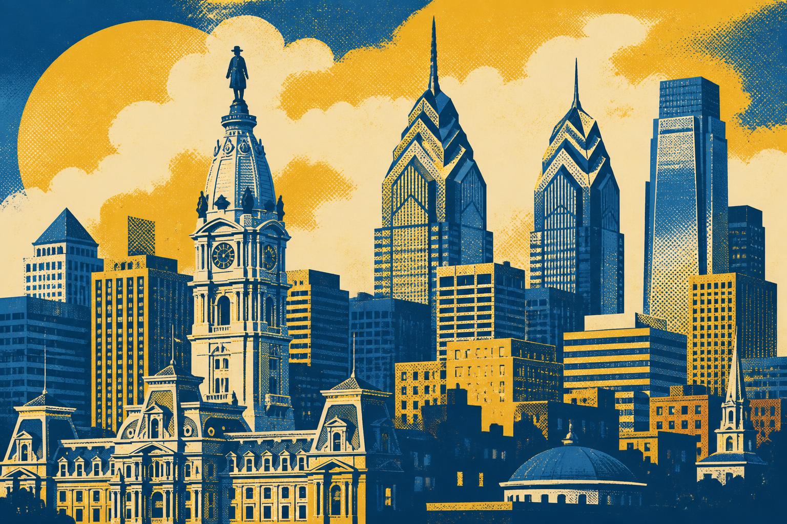 Screen-print illustration of the Philadelphia skyline with City Hall